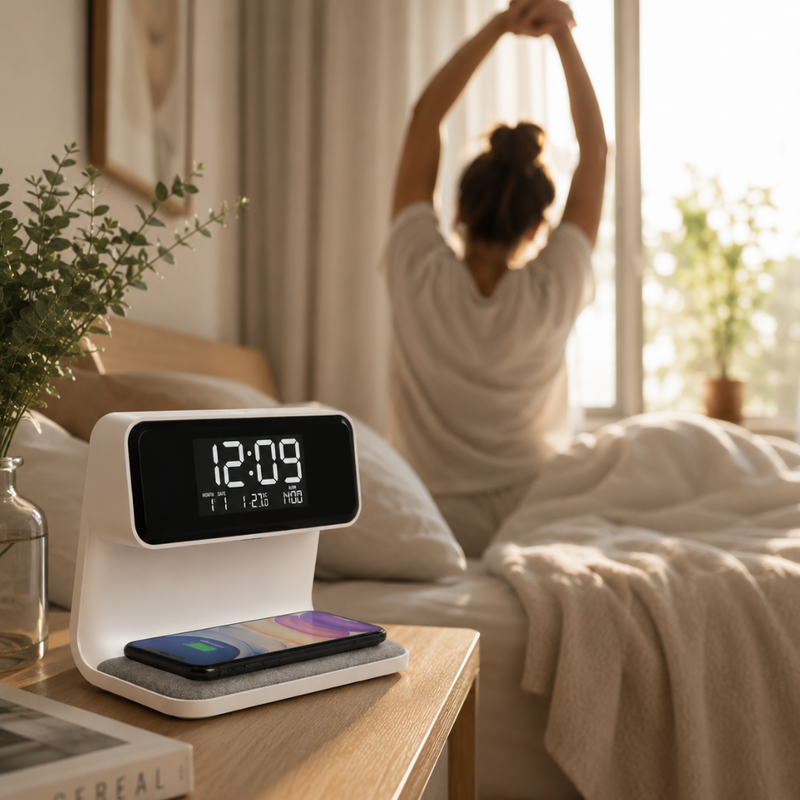 Nivaro 3-in-1 Smart Wecker – Drahtloses Ladegerät mit LED Nachtlicht